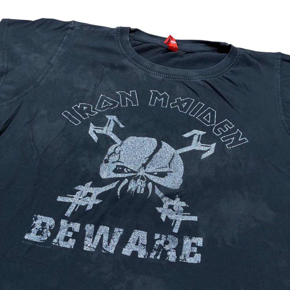 Iron Maiden Beware Skull Glitter Graphic T-Shirt Black‎ Womens Cap Sleeve 2010
